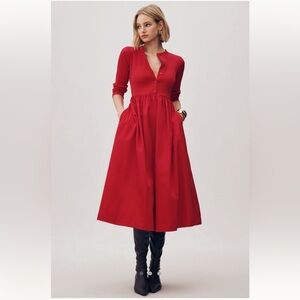 Anthropologie Maeve Red Button-Front Long Sleeve Midi Dress